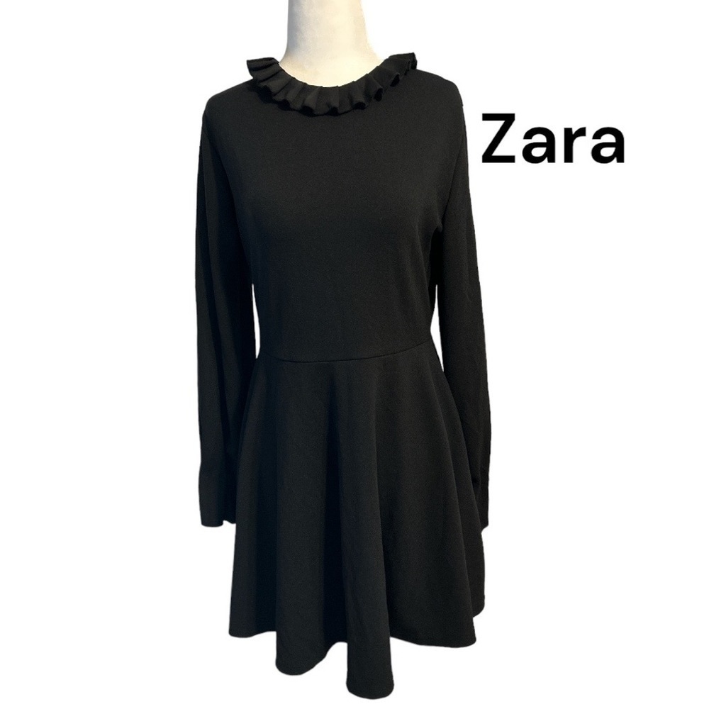 Zara Whimsical Gothic Black Long Sleeve Dress with Ruffled Neck line Size M
